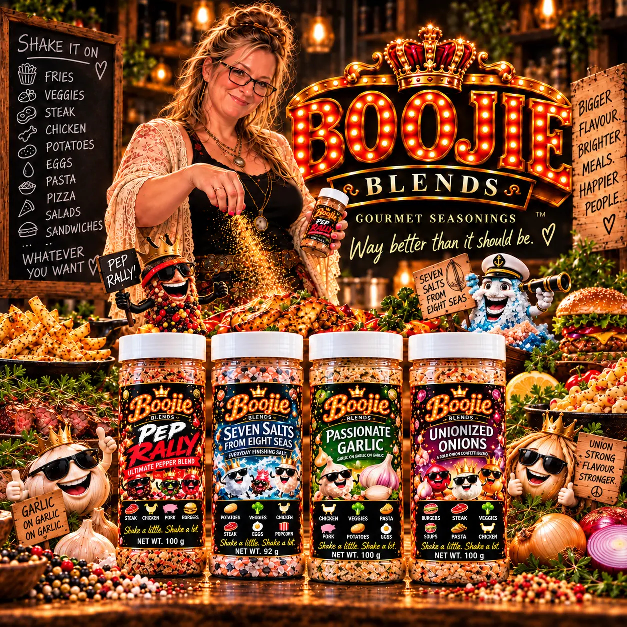 Boojie Blends kitchen celebration with all four seasoning jars